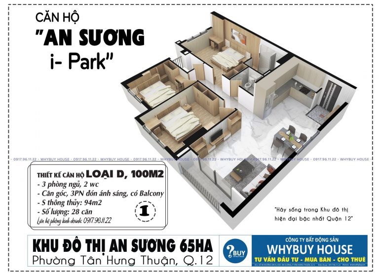 Bán căn hộ 100m2 An Sương Ipark, Quận 12 căn góc 3 phòng ngủ, 2 nhà vệ sinh, giá chỉ 4 tỷ, bao hết thuế.