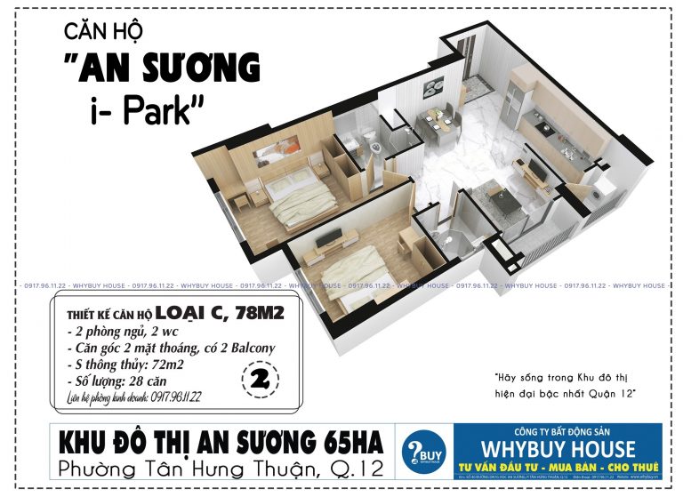 Bán căn hộ An Sương iPark 2.9 tỷ, 78m2, 2 phòng ngủ, 2 nhà vệ sinh, bao hết VAT, phí bảo trì.